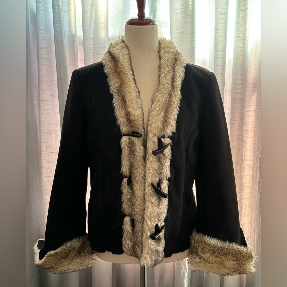White House Black Market Black Jacket with Cream Faux Fur Trim